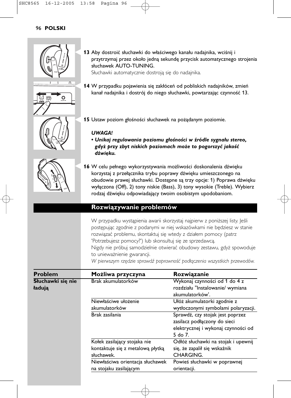 Rozwiązywanie problemów | Philips SHC8565-05 User Manual | Page 96 / 149