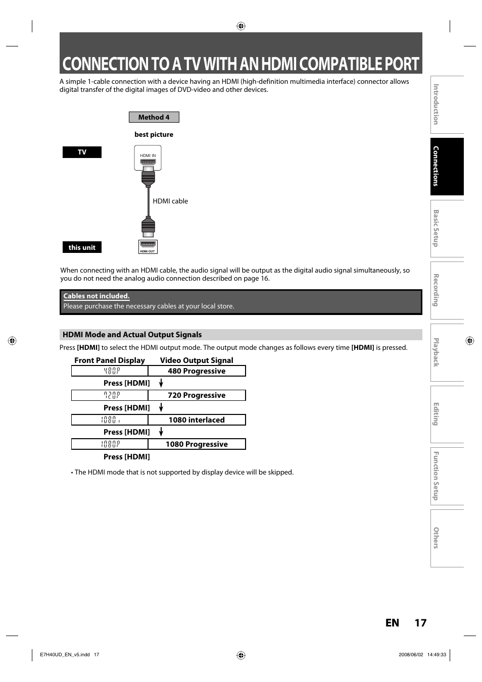 Connection to a tv with an hdmi compatible port, 17 en | Philips DVDR3505-37 User Manual | Page 17 / 108