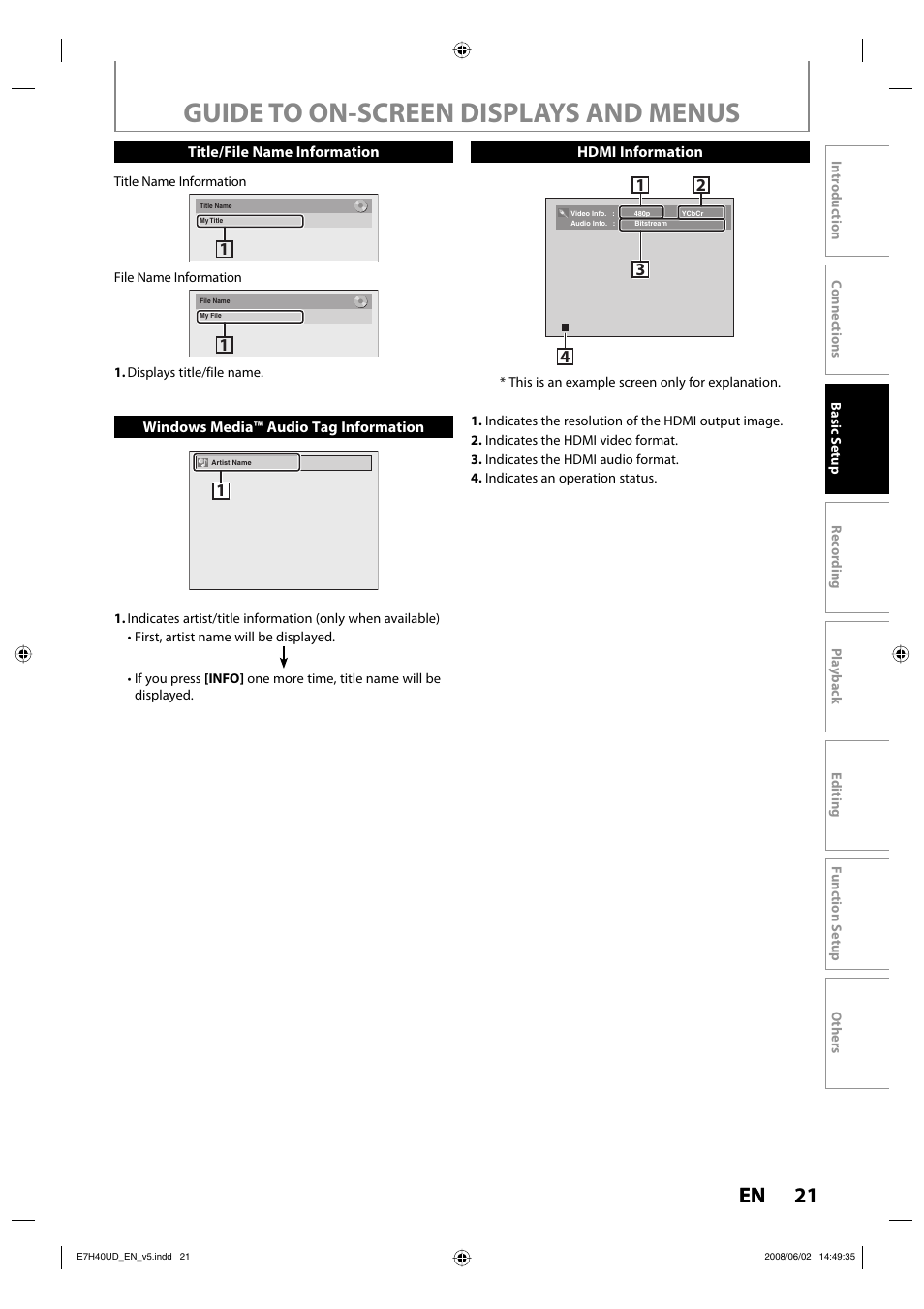 Guide to on-screen displays and menus, 21 en | Philips DVDR3505-37 User Manual | Page 21 / 108