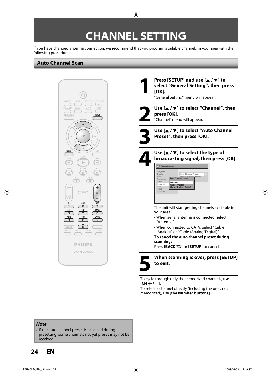 Channel setting | Philips DVDR3505-37 User Manual | Page 24 / 108