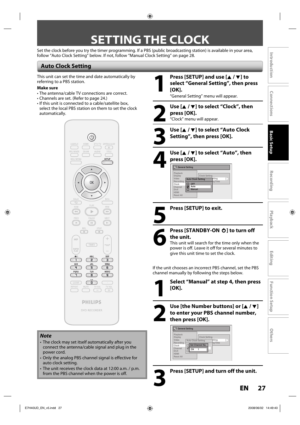 Setting the clock | Philips DVDR3505-37 User Manual | Page 27 / 108