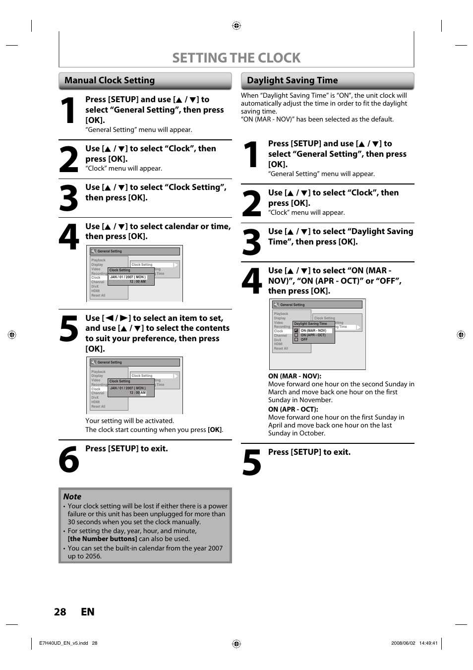 Setting the clock | Philips DVDR3505-37 User Manual | Page 28 / 108