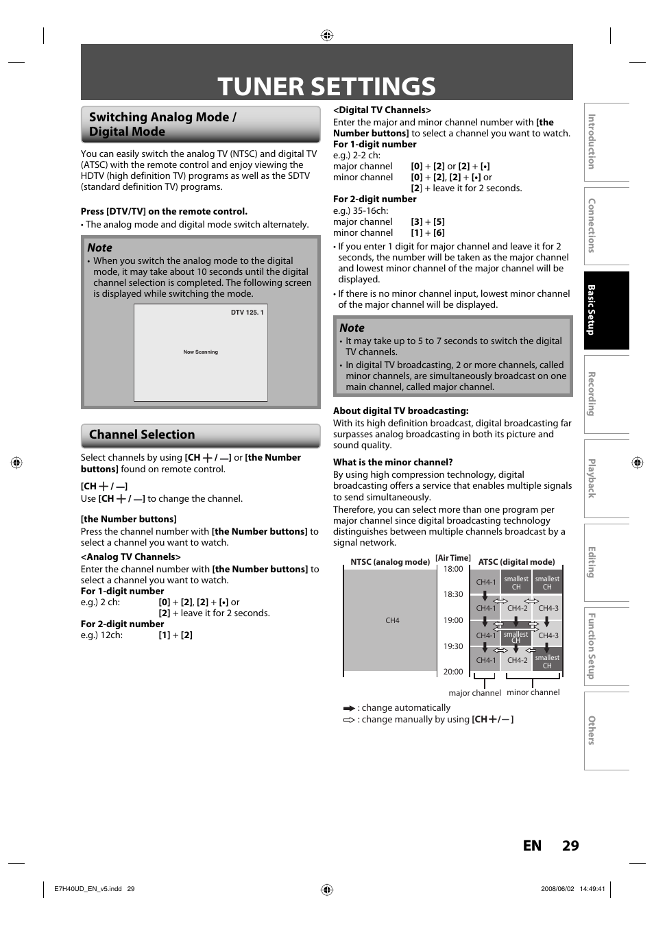 Tuner settings, 29 en, Switching analog mode / digital mode | Channel selection | Philips DVDR3505-37 User Manual | Page 29 / 108