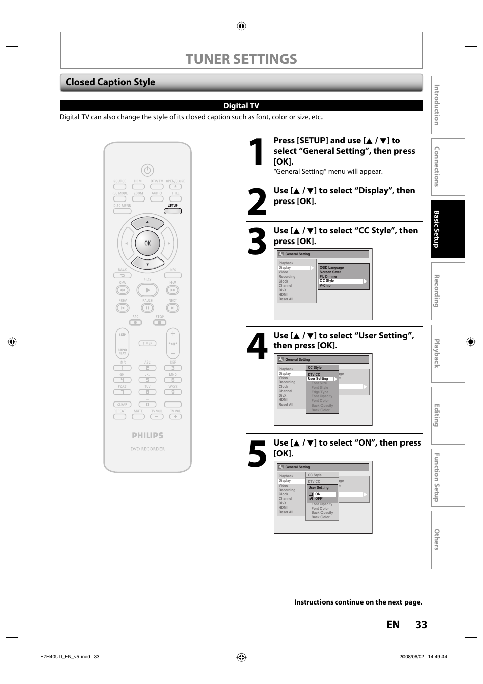 Tuner settings, 33 en | Philips DVDR3505-37 User Manual | Page 33 / 108