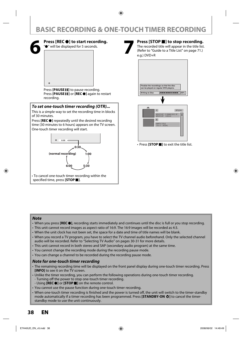 Basic recording & one-touch timer recording, 38 en 38 en | Philips DVDR3505-37 User Manual | Page 38 / 108