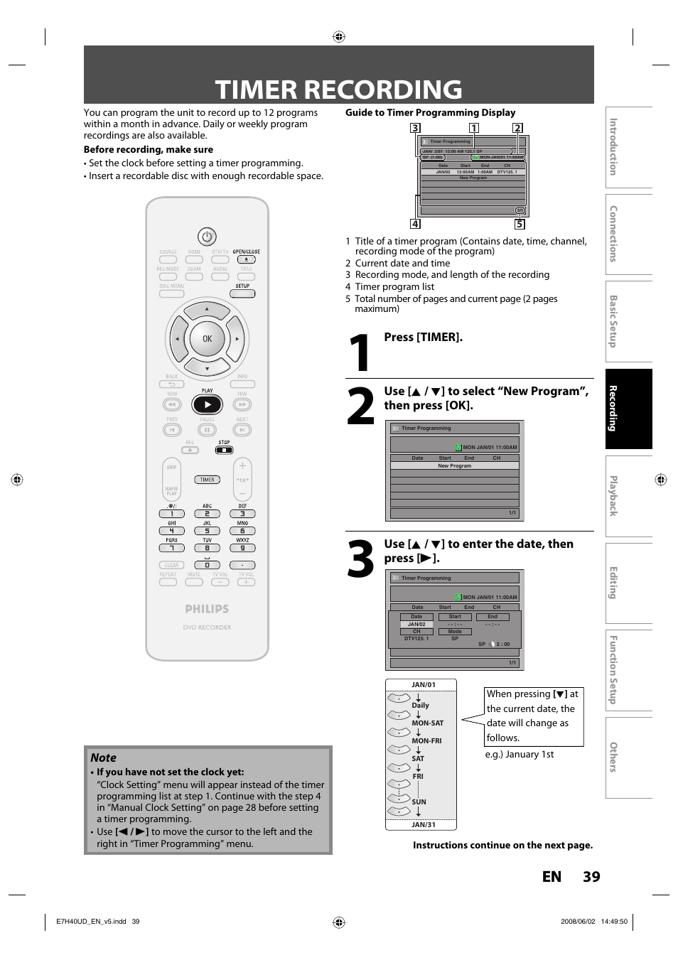 Timer recording, 39 en, Press [timer | Use [ k / l ] to enter the date, then press [ b | Philips DVDR3505-37 User Manual | Page 39 / 108