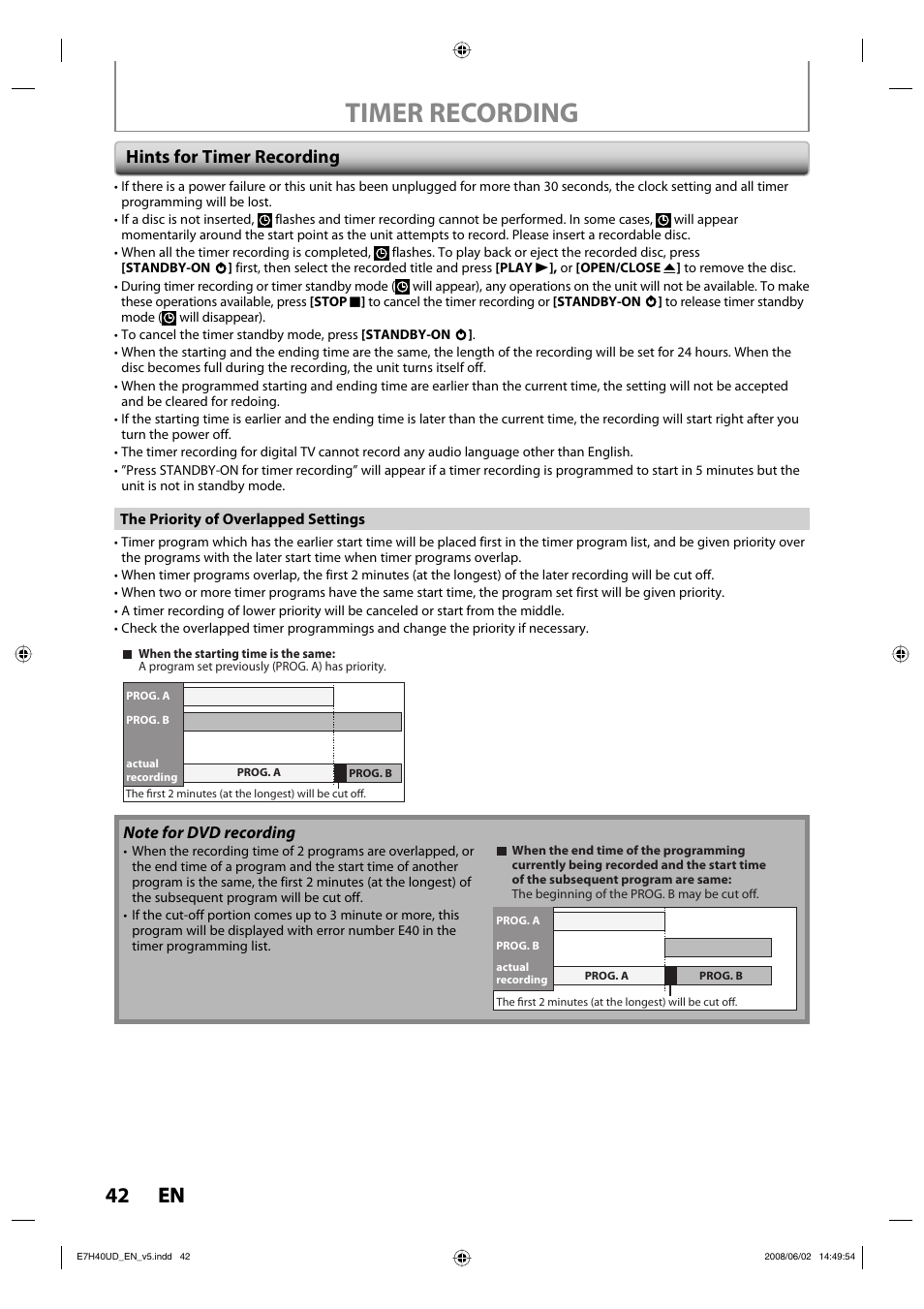 Timer recording, 42 en 42 en, Hints for timer recording | Philips DVDR3505-37 User Manual | Page 42 / 108