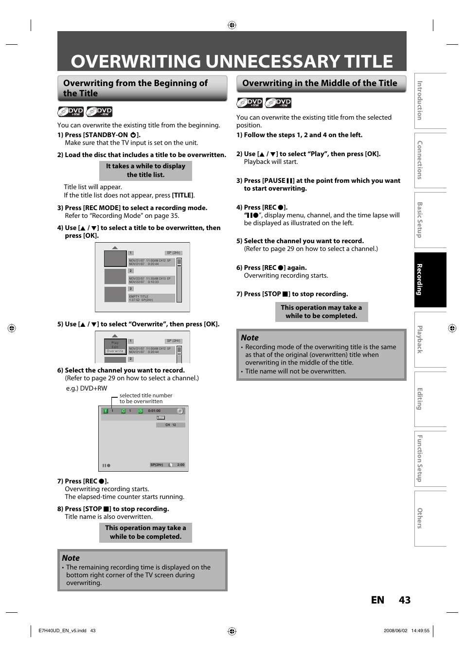 Overwriting unnecessary title, 43 en, Overwriting from the beginning of the title | Overwriting in the middle of the title | Philips DVDR3505-37 User Manual | Page 43 / 108