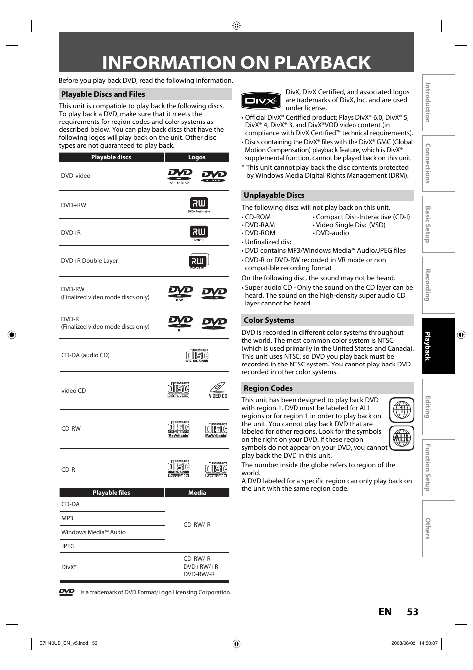 Information on playback, 53 en | Philips DVDR3505-37 User Manual | Page 53 / 108