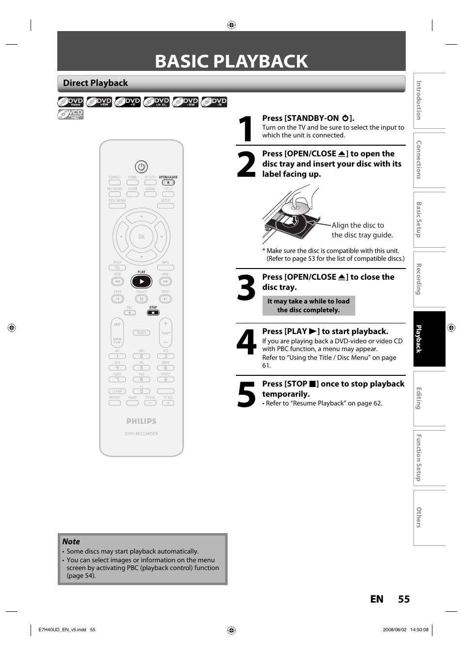 Basic playback | Philips DVDR3505-37 User Manual | Page 55 / 108