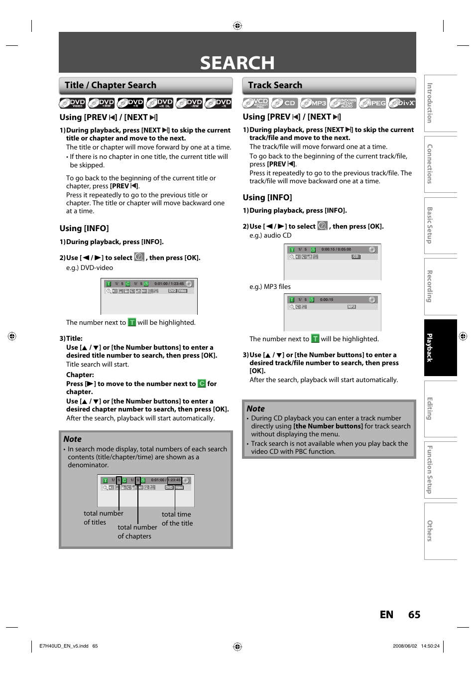 Search, 65 en, Title / chapter search | Track search | Philips DVDR3505-37 User Manual | Page 65 / 108