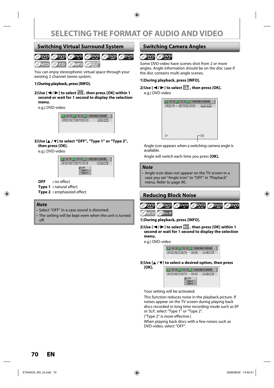 Selecting the format of audio and video, 70 en 70 en, Switching virtual surround system | Switching camera angles, Reducing block noise | Philips DVDR3505-37 User Manual | Page 70 / 108