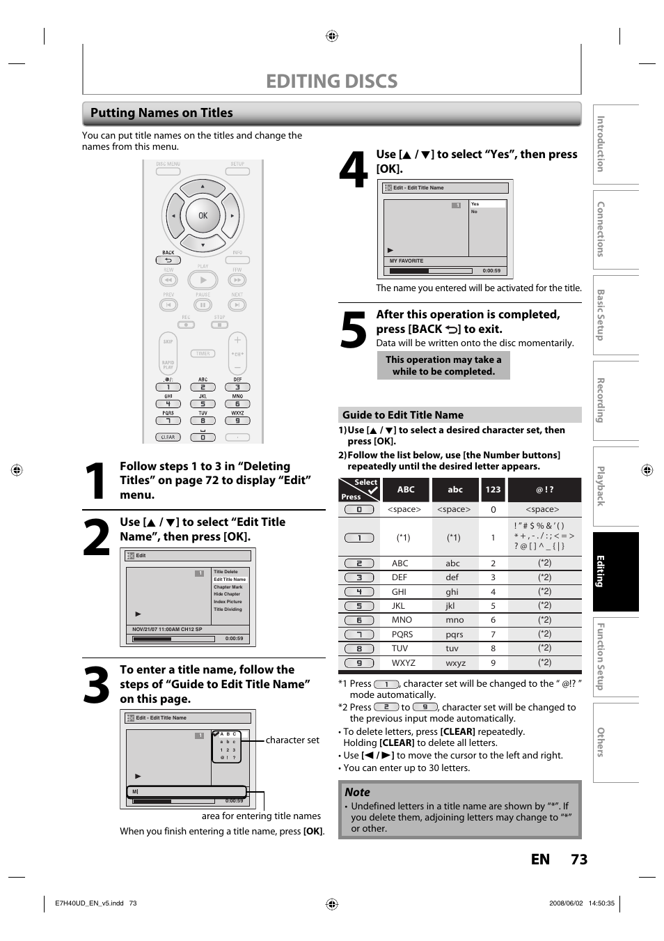 Editing discs, 73 en, Putting names on titles | Philips DVDR3505-37 User Manual | Page 73 / 108