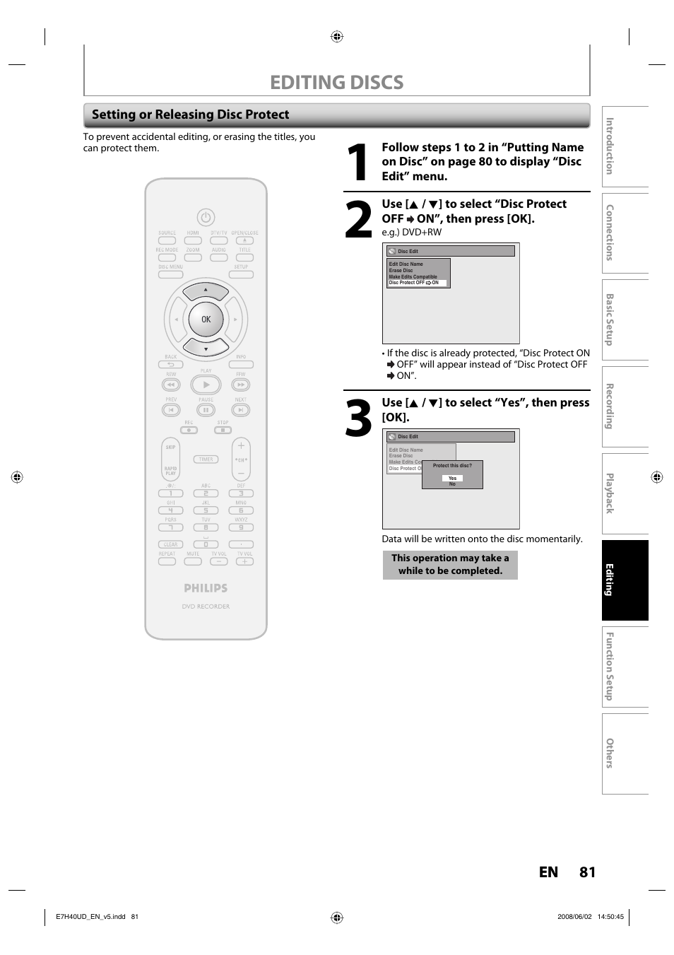 Editing discs | Philips DVDR3505-37 User Manual | Page 81 / 108