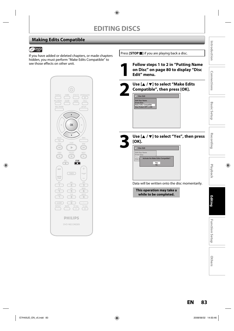 Editing discs | Philips DVDR3505-37 User Manual | Page 83 / 108