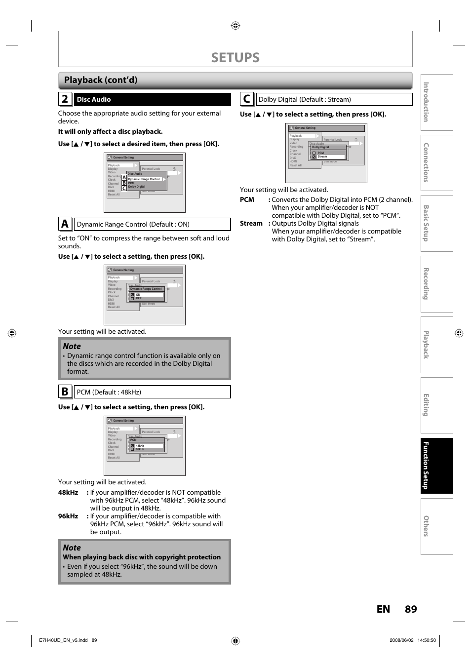 Setups, 89 en, Playback (cont’d) | Philips DVDR3505-37 User Manual | Page 89 / 108