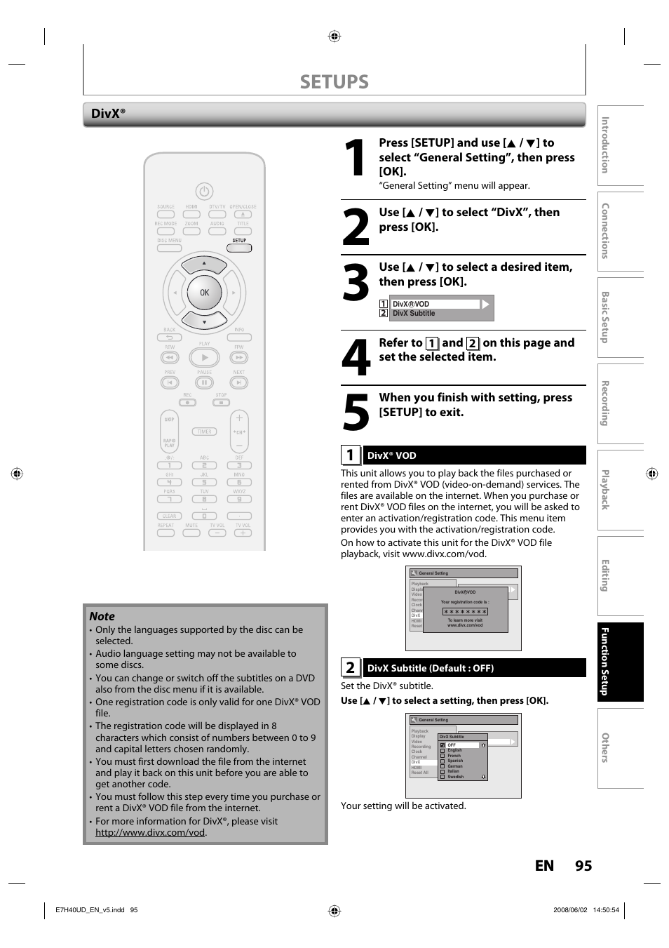 Setups, 95 en | Philips DVDR3505-37 User Manual | Page 95 / 108