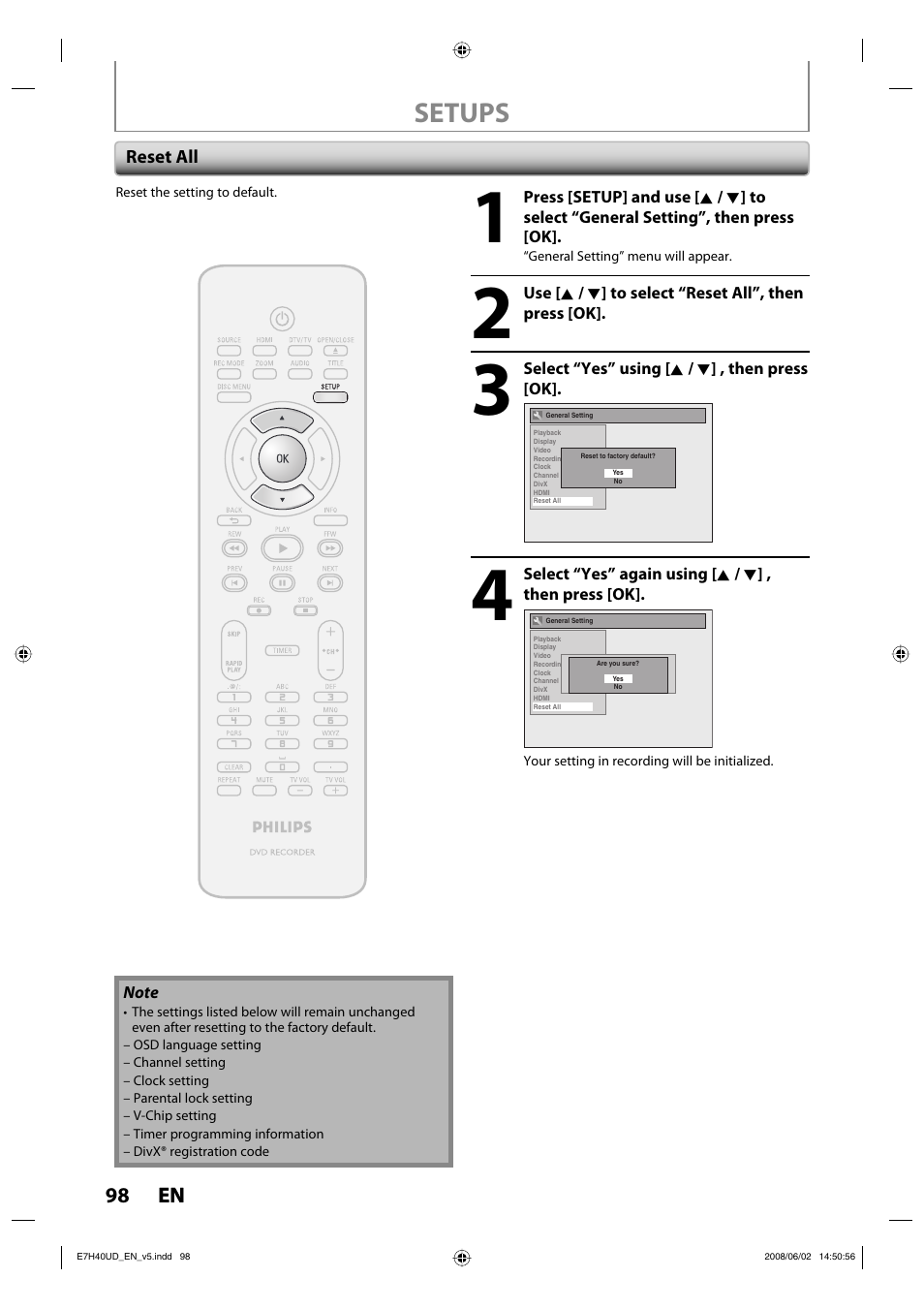 Setups | Philips DVDR3505-37 User Manual | Page 98 / 108