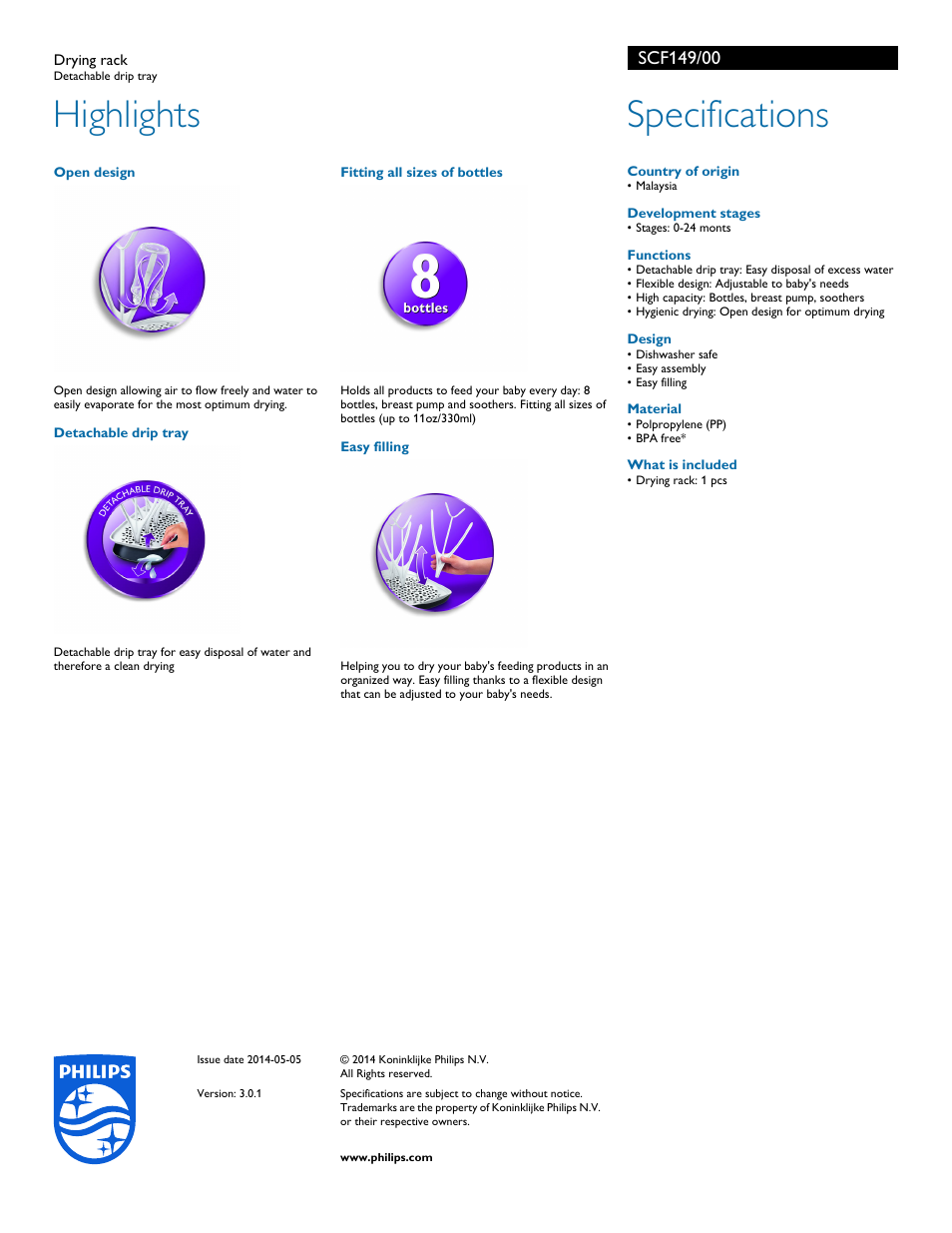 Highlights, Specifications | Philips SCF149-00 User Manual | Page 2 / 2