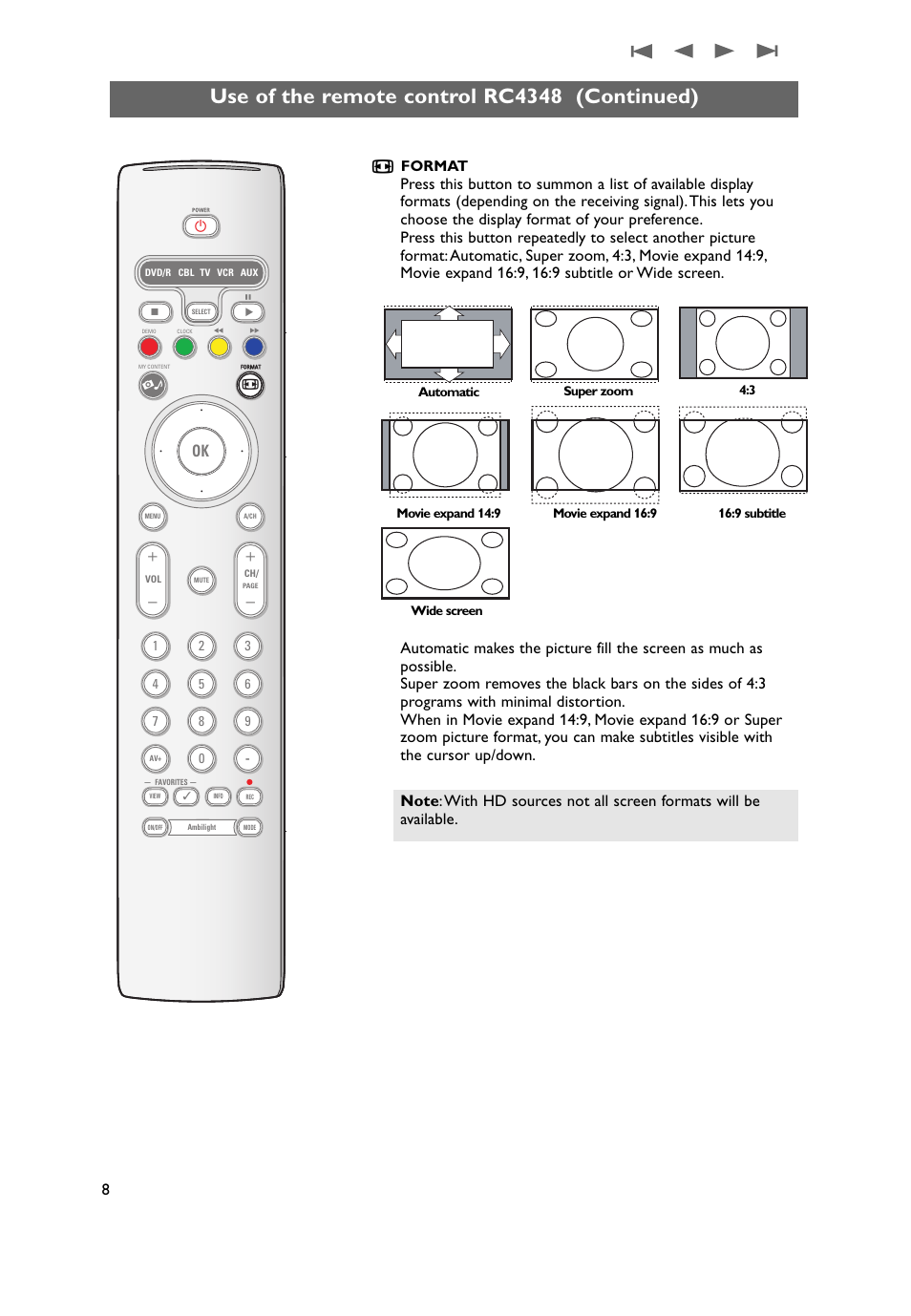 Use of the remote control rc4348 (continued), Format | Philips 37PF9631D-37B User Manual | Page 10 / 60