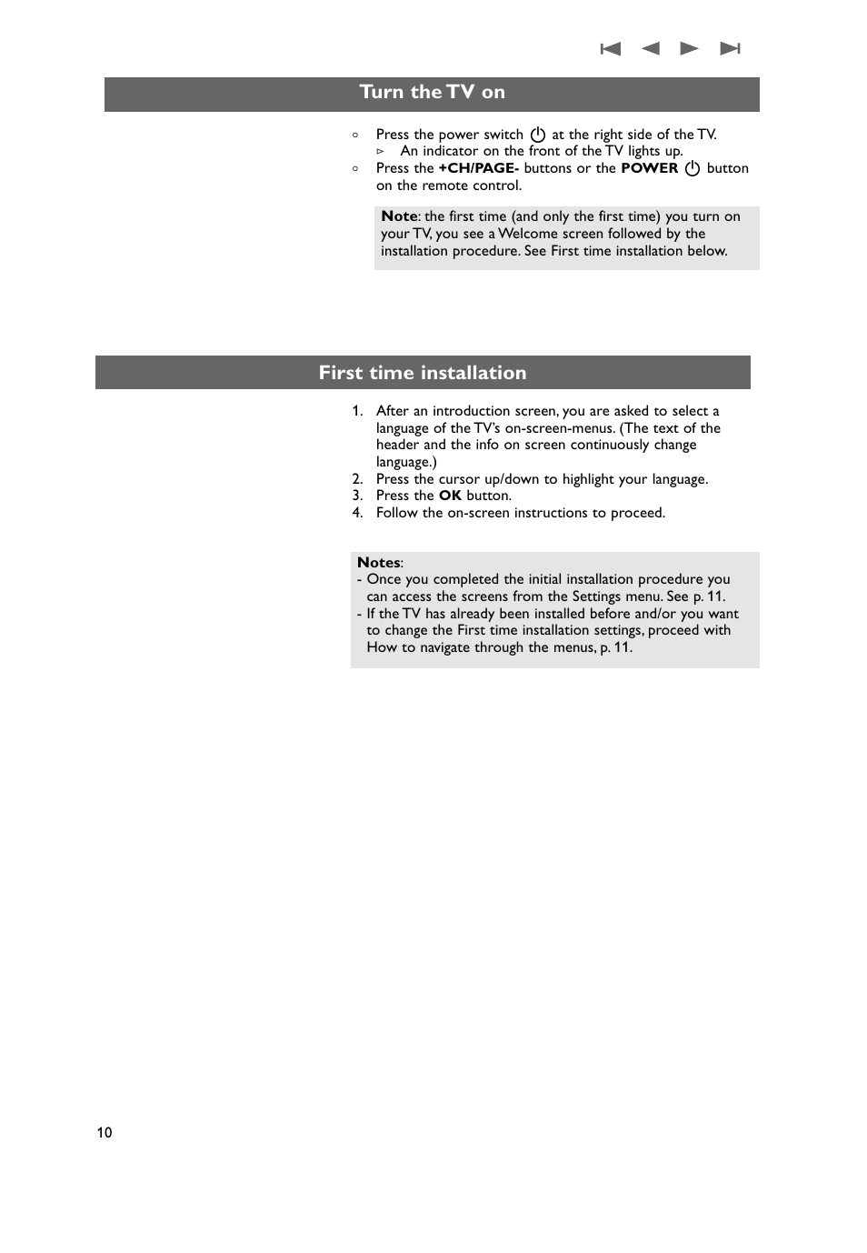 Turn the tv on first time installation, First time installation, Turn the tv on | Philips 37PF9631D-37B User Manual | Page 12 / 60