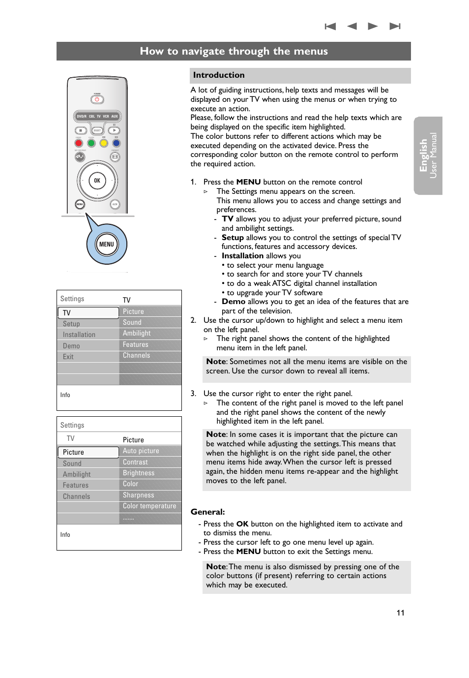 How to navigate through the menus, English, User man ual | General, Introduction, Press the, Button to exit the settings menu | Philips 37PF9631D-37B User Manual | Page 13 / 60