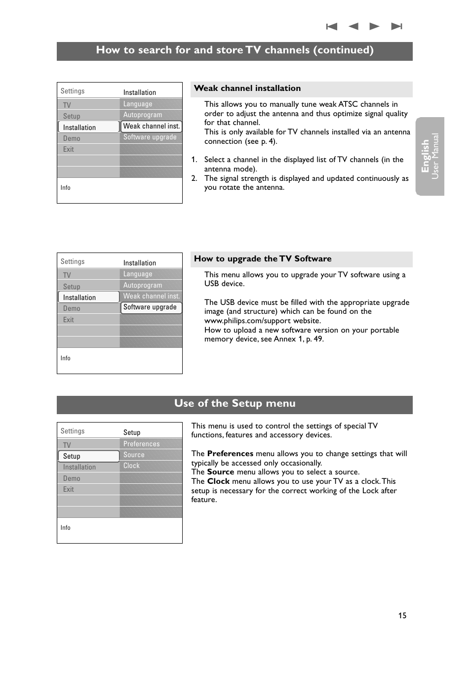 Use of the setup menu, English | Philips 37PF9631D-37B User Manual | Page 17 / 60