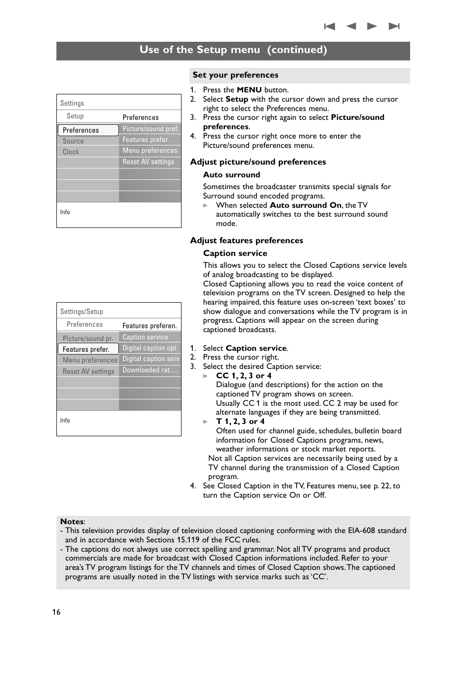 Use of the setup menu, Use of the setup menu (continued) | Philips 37PF9631D-37B User Manual | Page 18 / 60