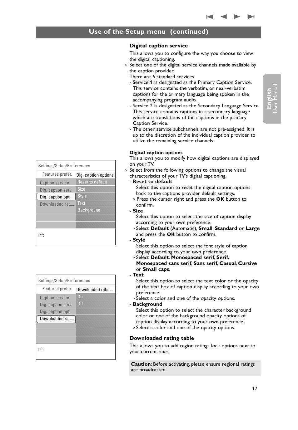 Use of the setup menu (continued), English | Philips 37PF9631D-37B User Manual | Page 19 / 60