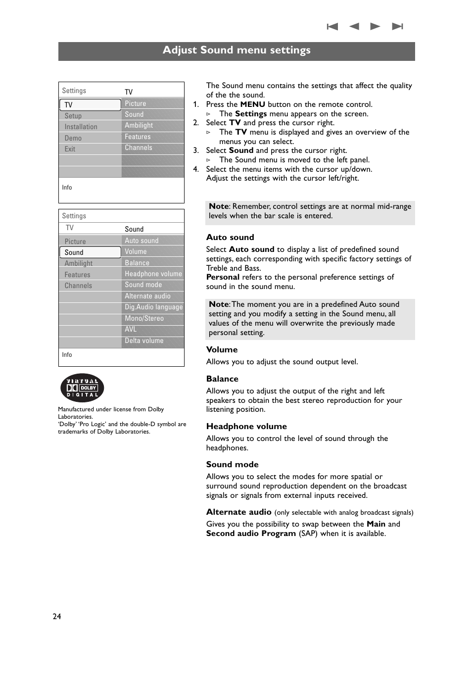 Adjust sound menu settings | Philips 37PF9631D-37B User Manual | Page 26 / 60