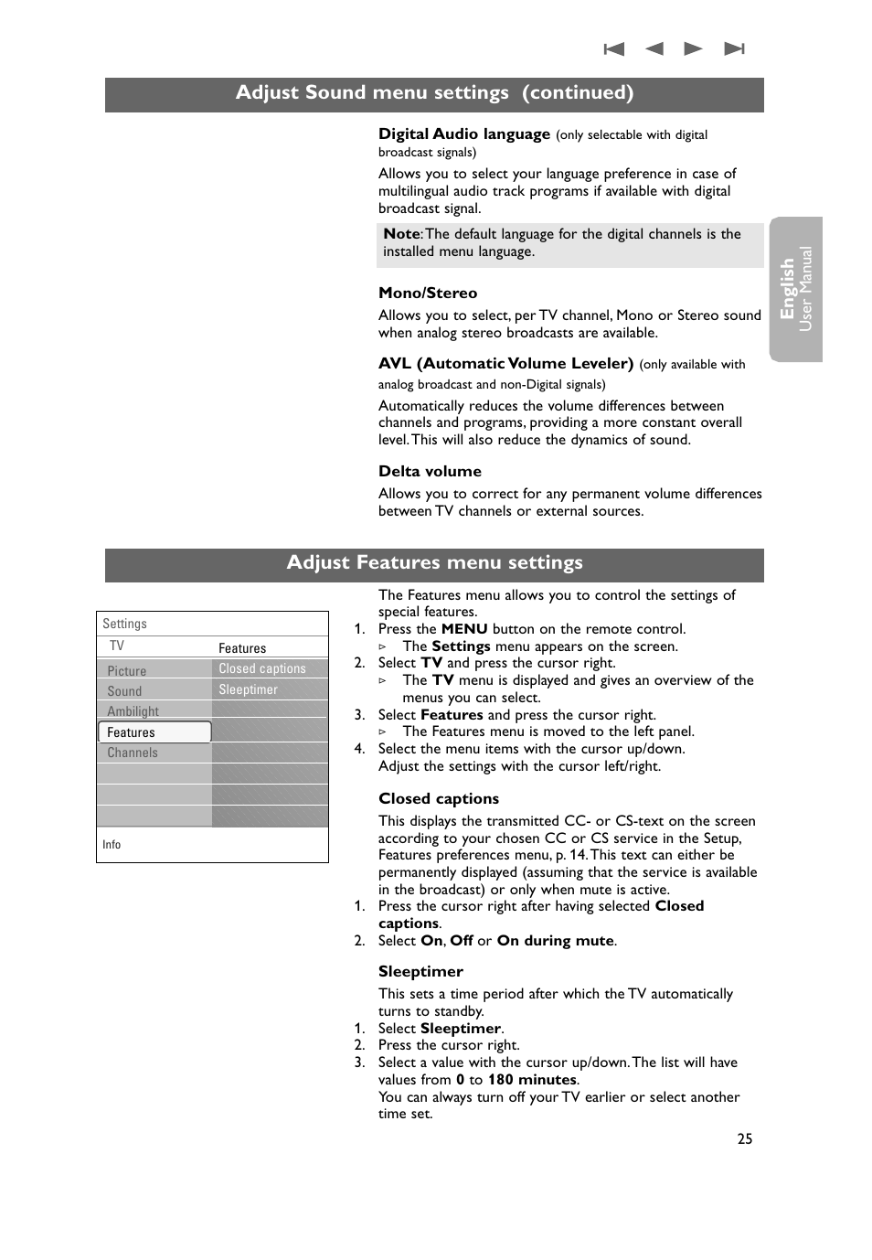 Adjust feature menu settings, Adjust sound menu settings (continued), Adjust features menu settings | English | Philips 37PF9631D-37B User Manual | Page 27 / 60