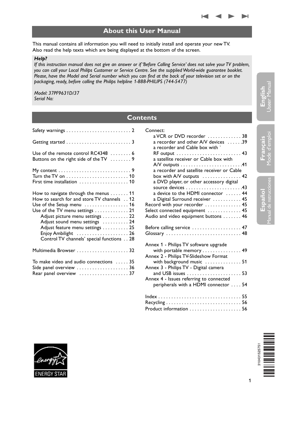 Philips 37PF9631D-37B User Manual | Page 3 / 60
