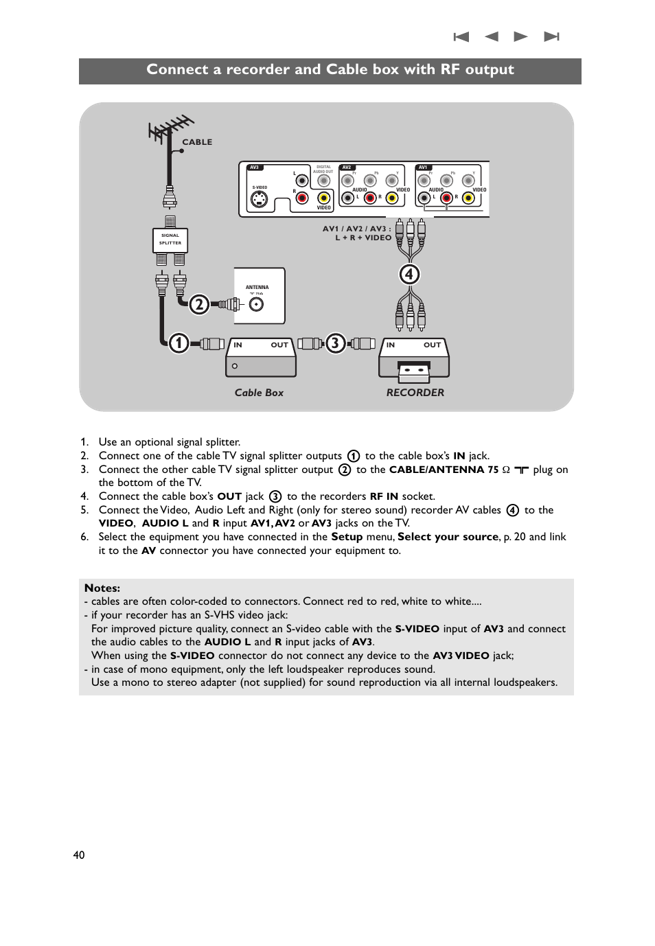 Connect a recorder and cable box with rf output, Jack 3 to the recorders, Input | Connector you have connected your equipment to, Input of, And connect the audio cables to the, Input jacks of, When using the, Connector do not connect any device to the | Philips 37PF9631D-37B User Manual | Page 42 / 60