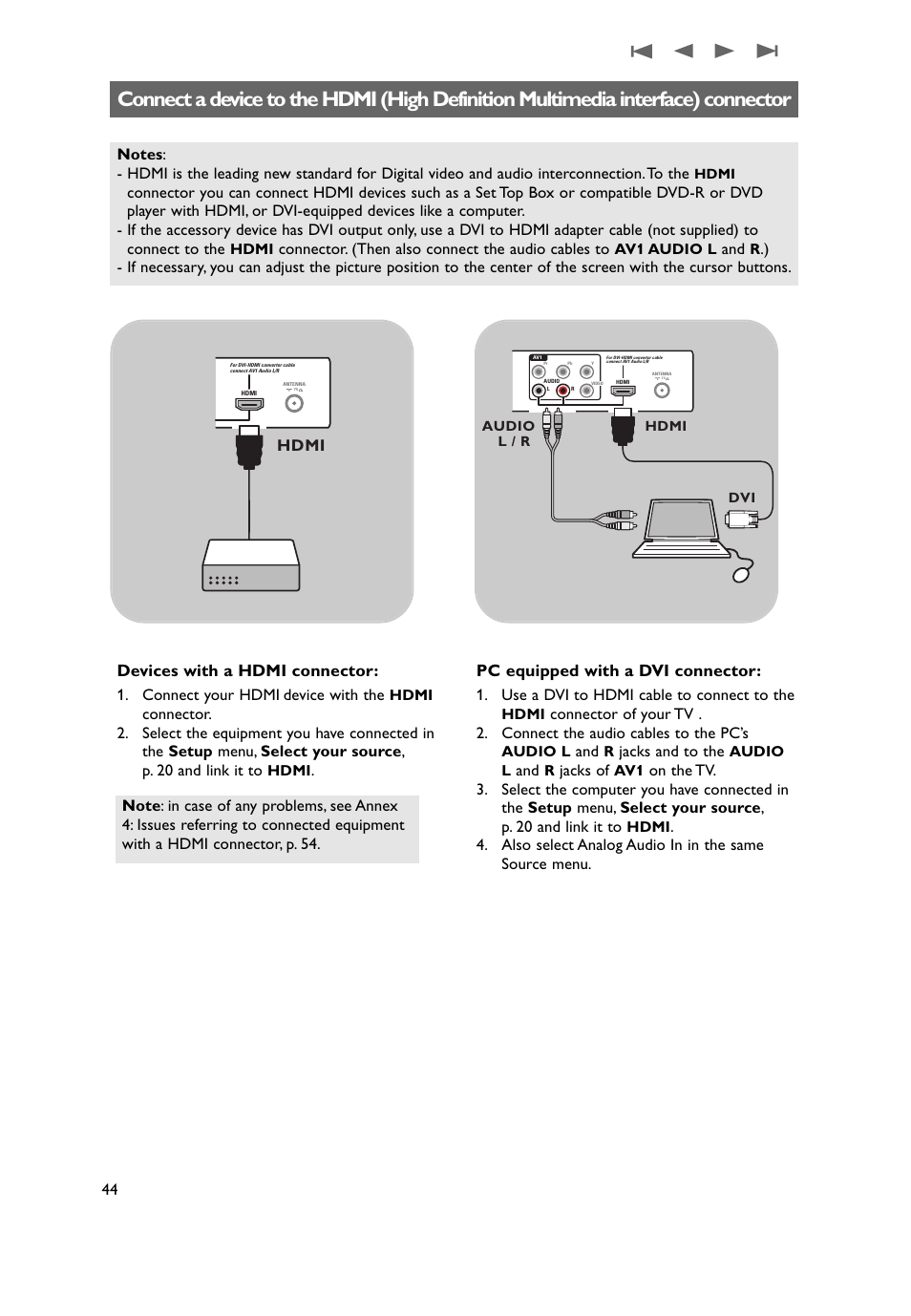 A device to the hdmi connector, Hdmi devices with a hdmi connector, Pc equipped with a dvi connector | Philips 37PF9631D-37B User Manual | Page 46 / 60
