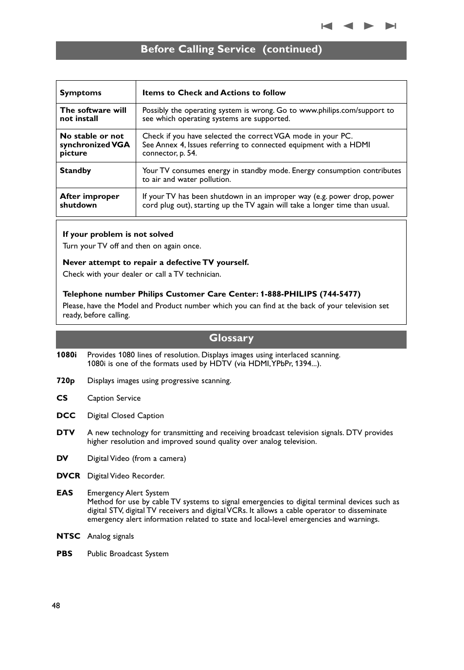 Glossary, Before calling service (continued) glossary | Philips 37PF9631D-37B User Manual | Page 50 / 60