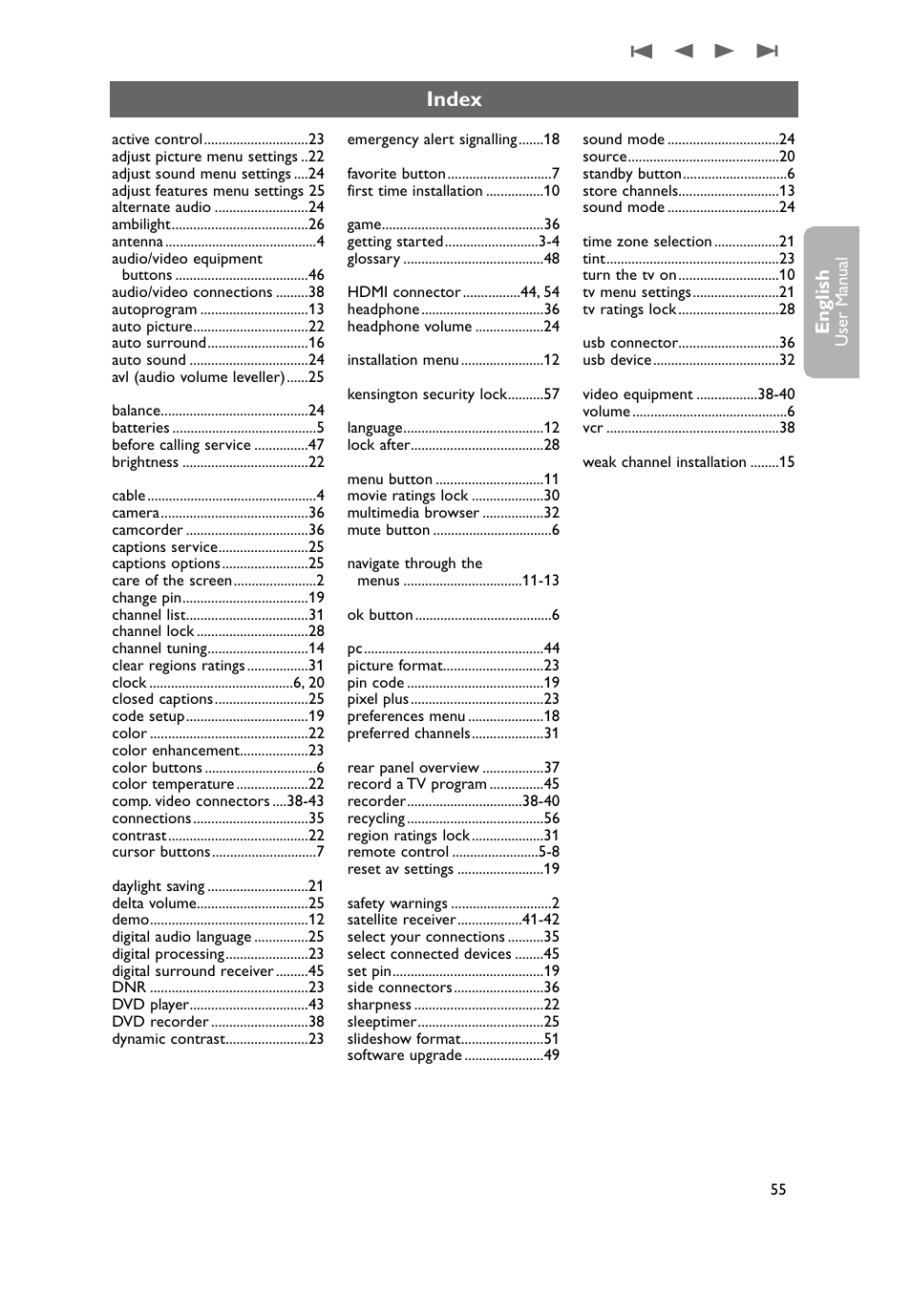 Index, English | Philips 37PF9631D-37B User Manual | Page 57 / 60