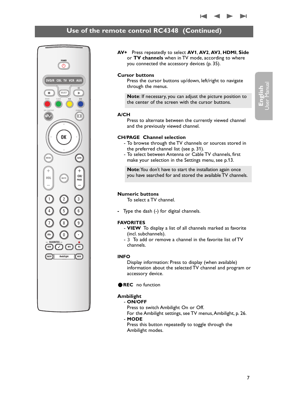 Use of the remote control rc4348 (continued), English, User man ual | Press repeatedly to select, No function ambilight | Philips 37PF9631D-37B User Manual | Page 9 / 60