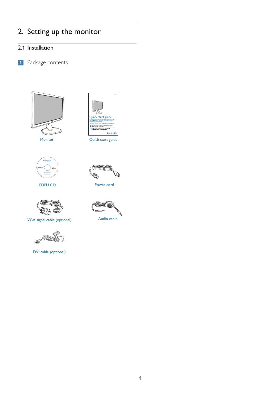 Setting up the monitor, 1 installation package contents | Philips 245P2EB-27 User Manual | Page 6 / 59