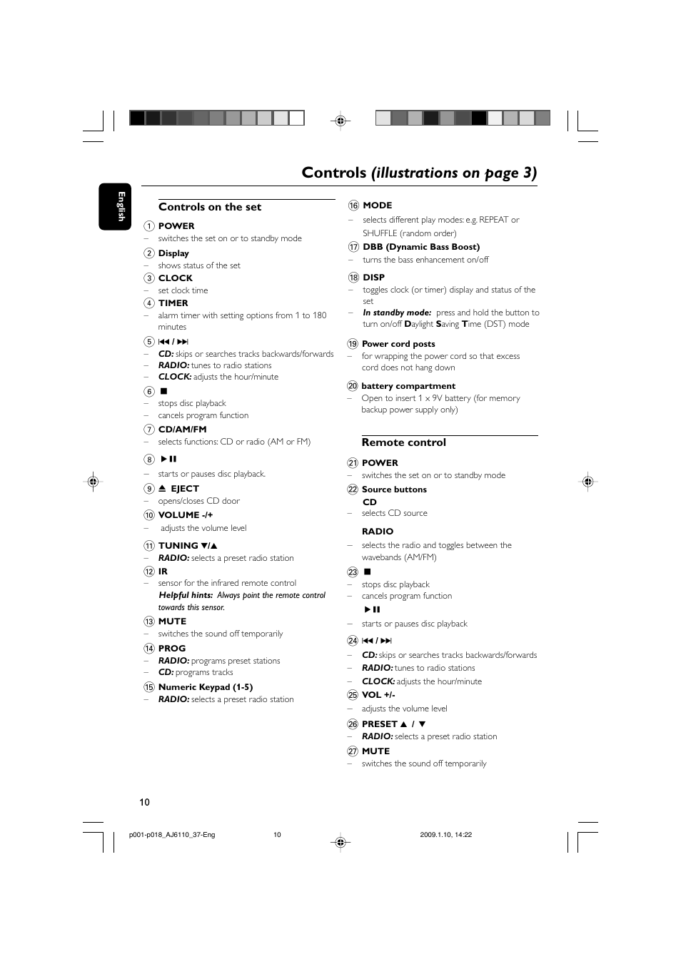 Controls (illustrations on page 3) | Philips AJ6111-37 User Manual | Page 10 / 19