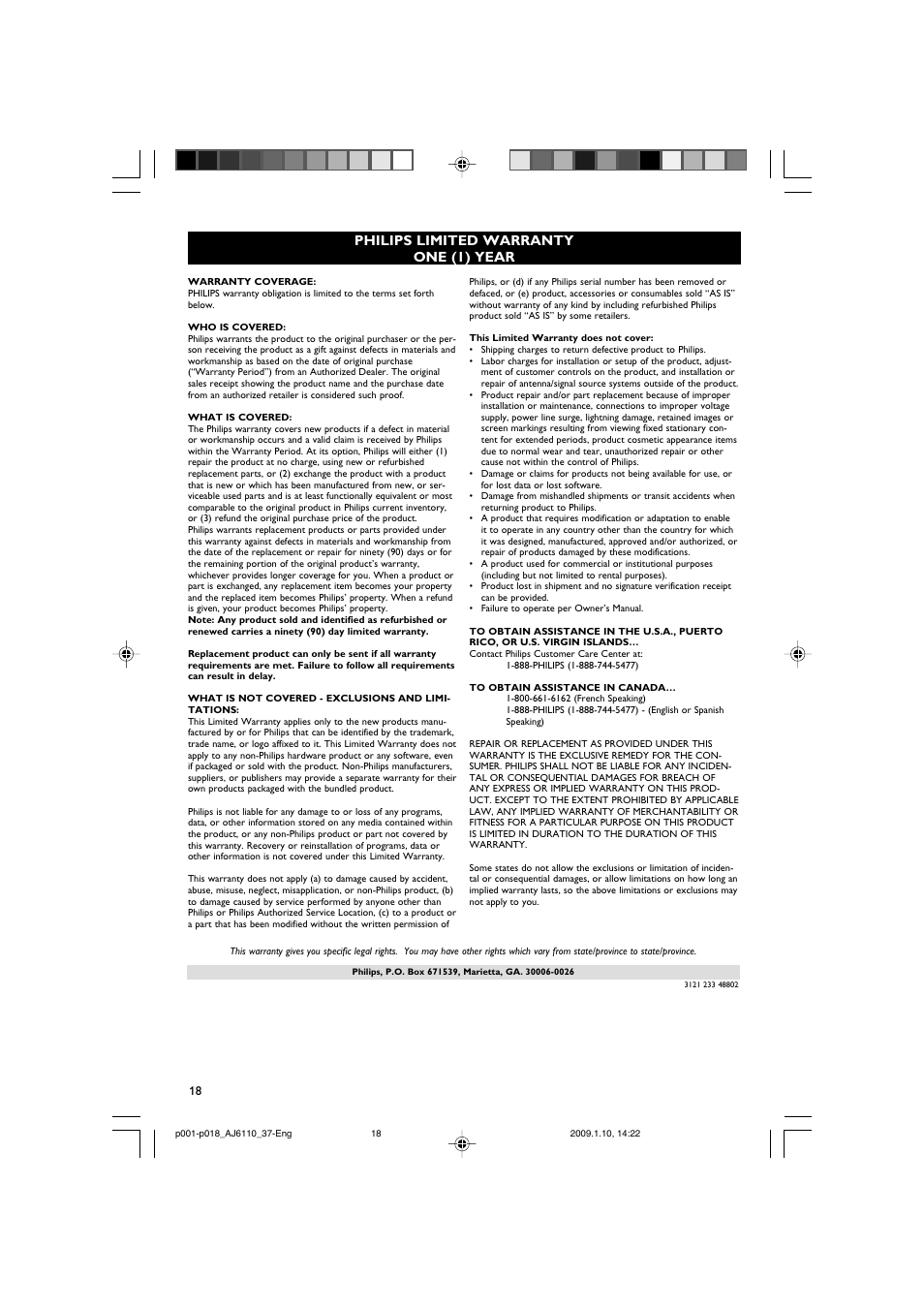 Philips limited warranty one (1) year | Philips AJ6111-37 User Manual | Page 18 / 19