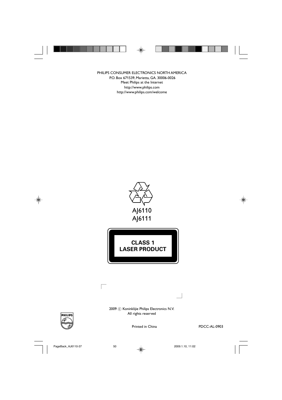 Class 1 laser product | Philips AJ6111-37 User Manual | Page 19 / 19