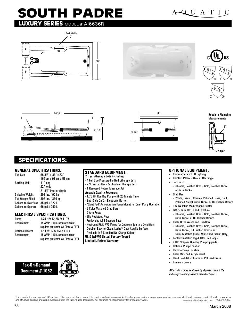 Aquatic SOUTH PADRE ai6636R User Manual | 1 page