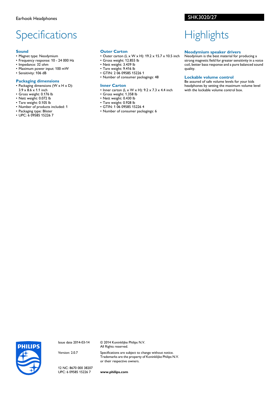 Specifications, Highlights | Philips SHK3020-27 User Manual | Page 2 / 2
