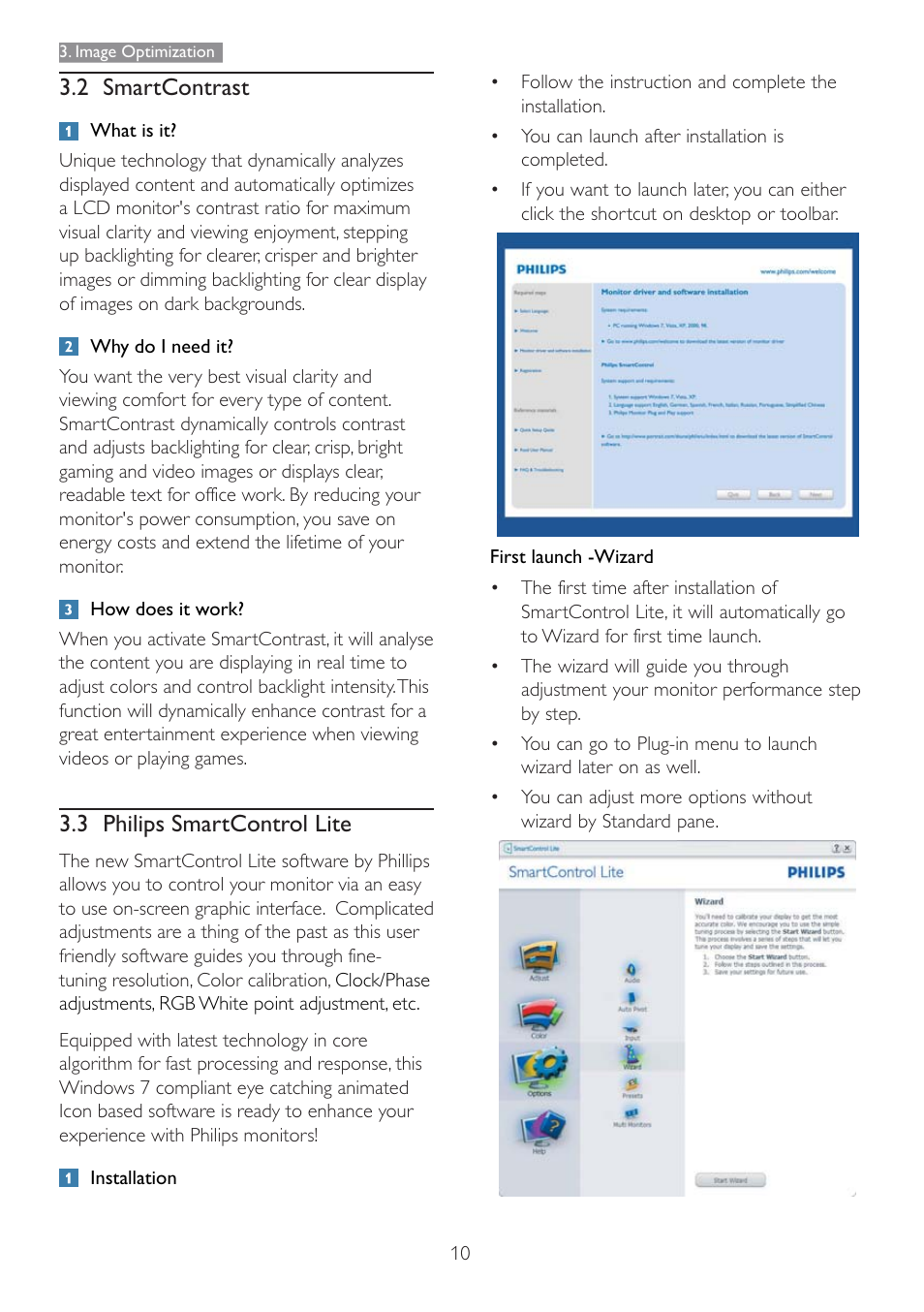 2 smartcontrast, 3 philips smartcontrol lite | Philips 190E3LSU-27 User Manual | Page 12 / 38