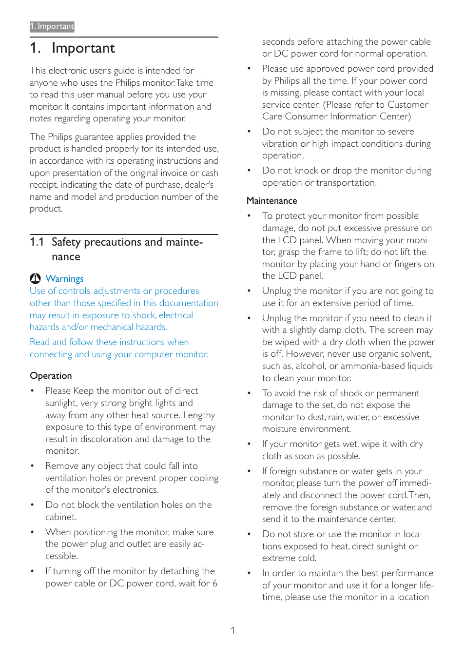 Important, 1 safety precautions and mainte- nance | Philips 190E3LSU-27 User Manual | Page 3 / 38
