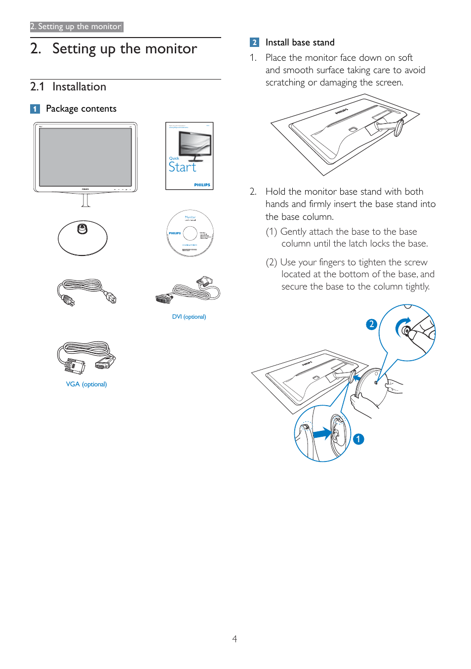 Setting up the monitor, Start, 1 installation | Philips 190E3LSU-27 User Manual | Page 6 / 38