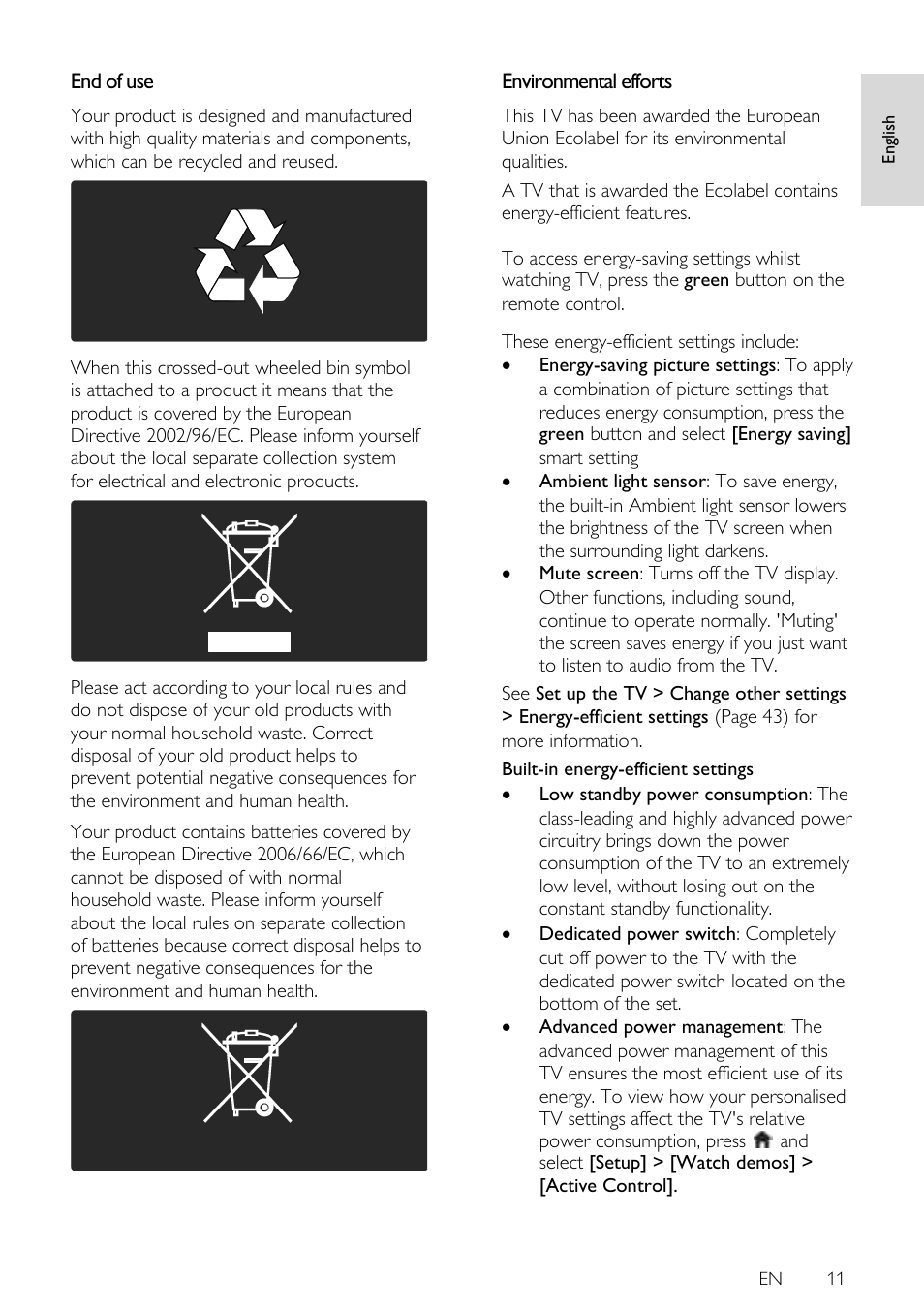 End of use, Environmental efforts | Philips 42PFL7675H-12 User Manual | Page 11 / 74