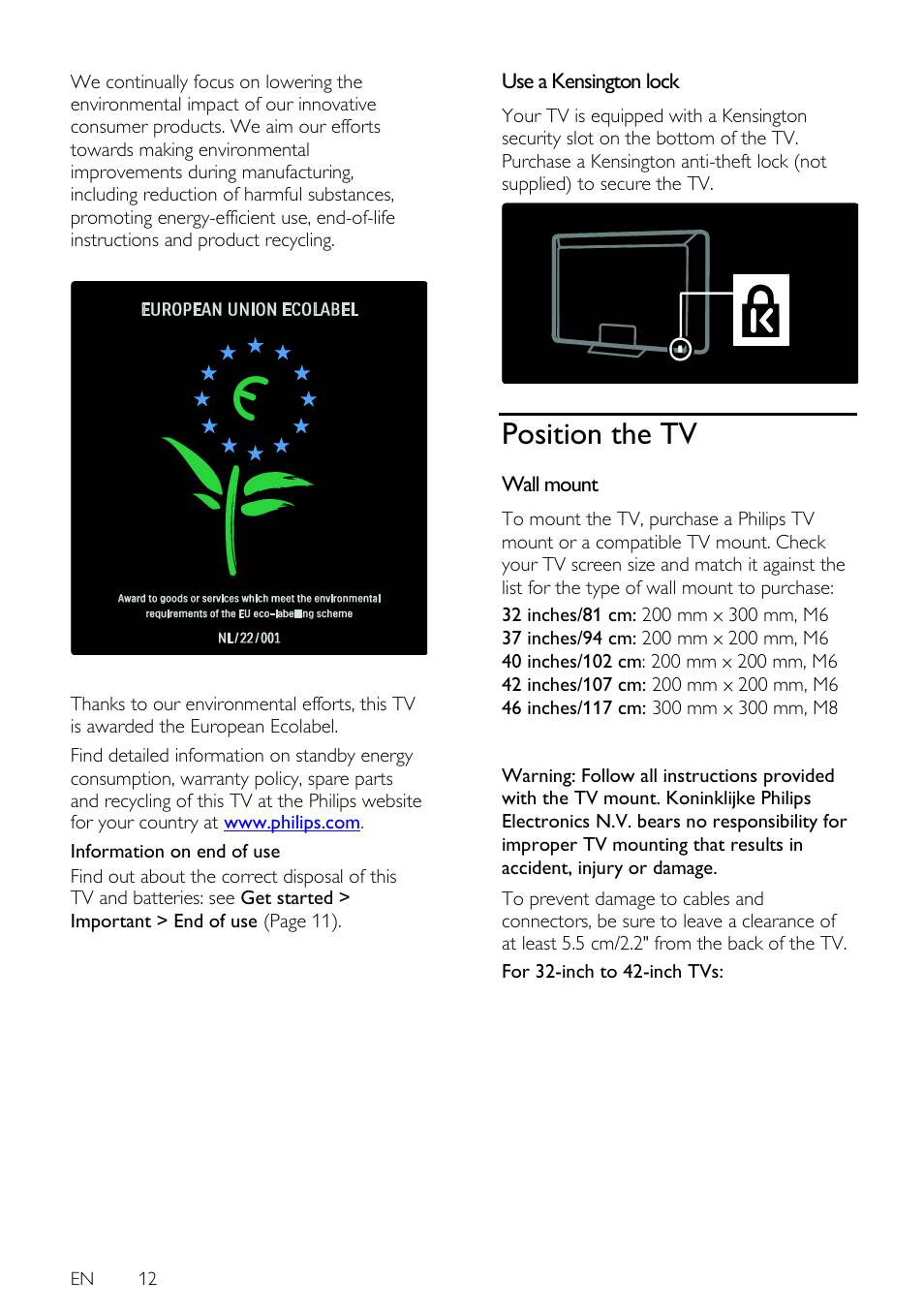 Use a kensington lock, Position the tv, Wall mount | En 12 | Philips 42PFL7675H-12 User Manual | Page 12 / 74