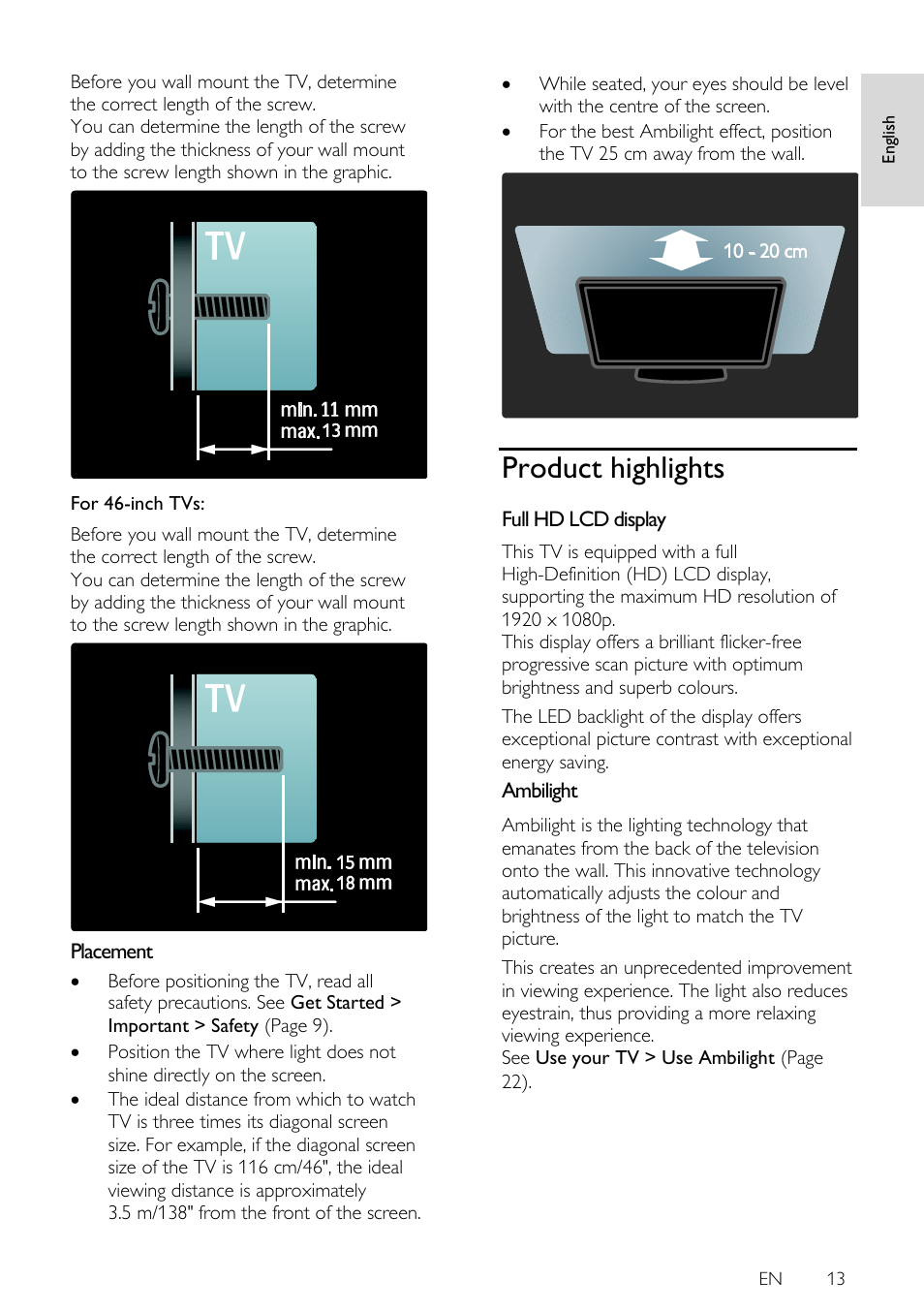 Placement, Product highlights, Full hd lcd display | Ambilight | Philips 42PFL7675H-12 User Manual | Page 13 / 74