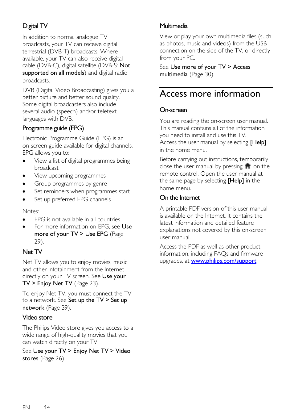Digital tv, Programme guide (epg), Net tv | Video store, Multimedia, Access more information, On-screen, On the internet | Philips 42PFL7675H-12 User Manual | Page 14 / 74